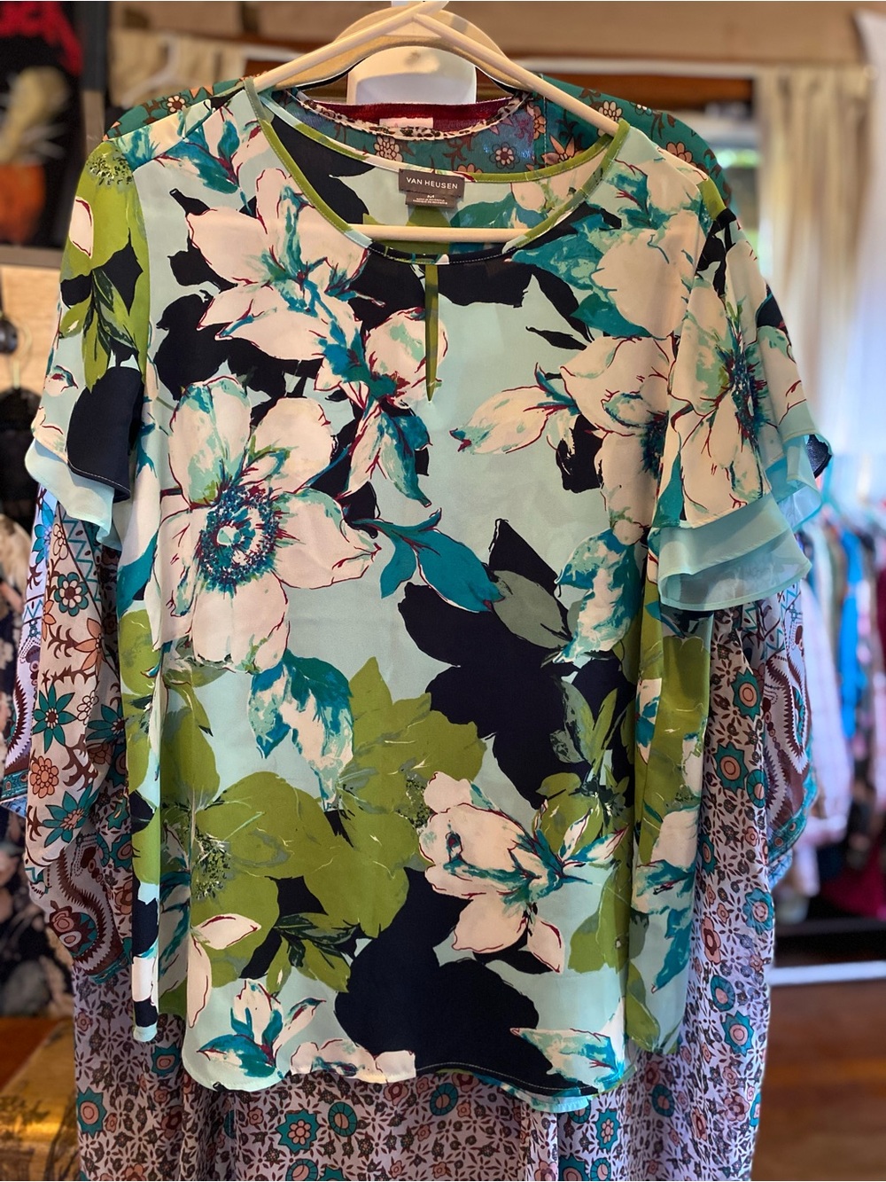 Van Heusen Teal, Mint & Navy Floral Ruffle-Sleeve Top